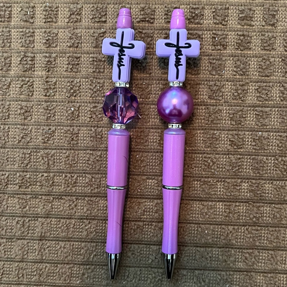 Handmade Beaded Pens. 2 Purple Crosses with Jesus on them. You can choose #1-#2